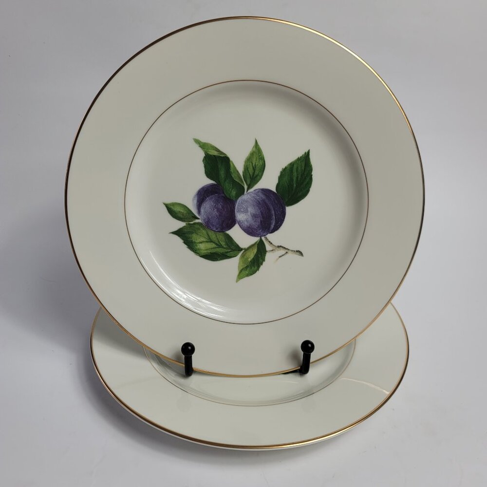 TWO Mikasa Plum Court L3132 Salad Plates White with Purple Plums & Green Leaves